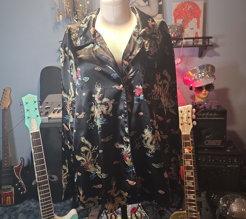 Vintage Black Satin Dragon-Print Button Front Blouse